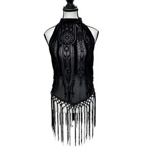 Romwe Gothic Burnout Velvet Halter Top Women XL Fringe Whimsigoth Dark Romantic